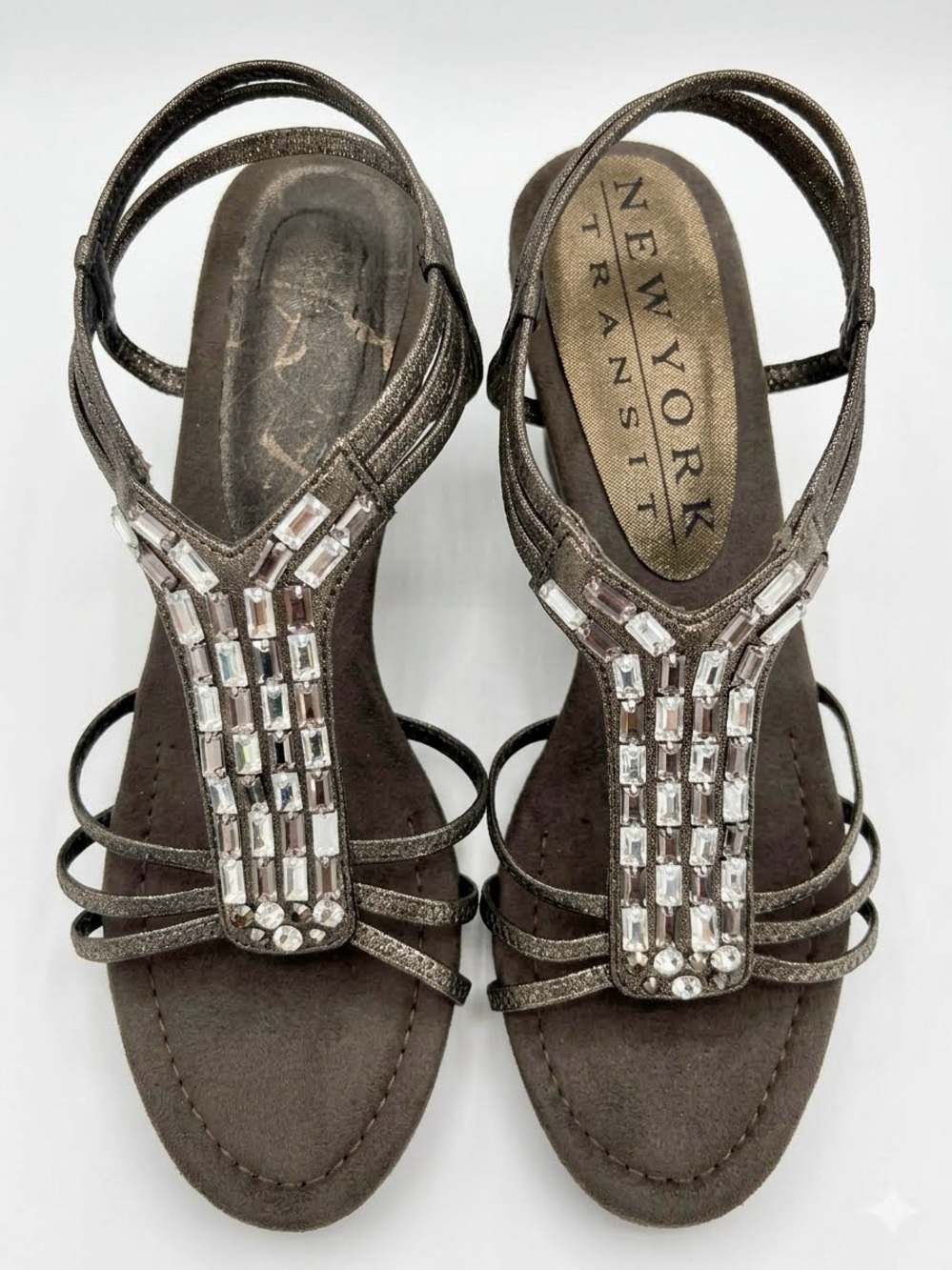New York Transit Crystal Silver Pewter Wedge Heels | 6.5M | Rhinestone 2” Wedge